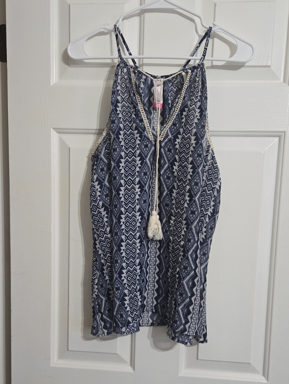 No Boundaries Navy and White Geometric Tank with Tassels